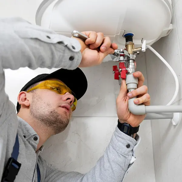 Un technicien professionnel portant des lunettes de sécurité jaunes et une casquette noire travaille sur l'installation ou la réparation d'un système de plomberie au plafond. Il tient fermement un outil spécialisé relié à des tuyaux blancs et des raccords métalliques avec des éléments de couleur rouge. Le technicien porte une veste de travail grise et se concentre sur sa tâche, les bras levés vers le plafond blanc. L'image capture un moment de travail technique précis dans ce qui semble être un environnement industriel ou résidentiel moderne.